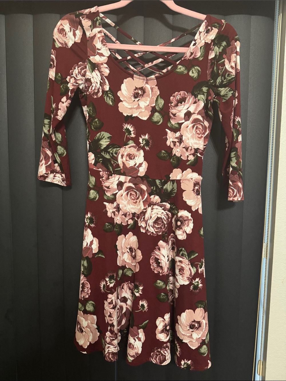 by & by Burgundy Floral Crisscross Back Midi Dress